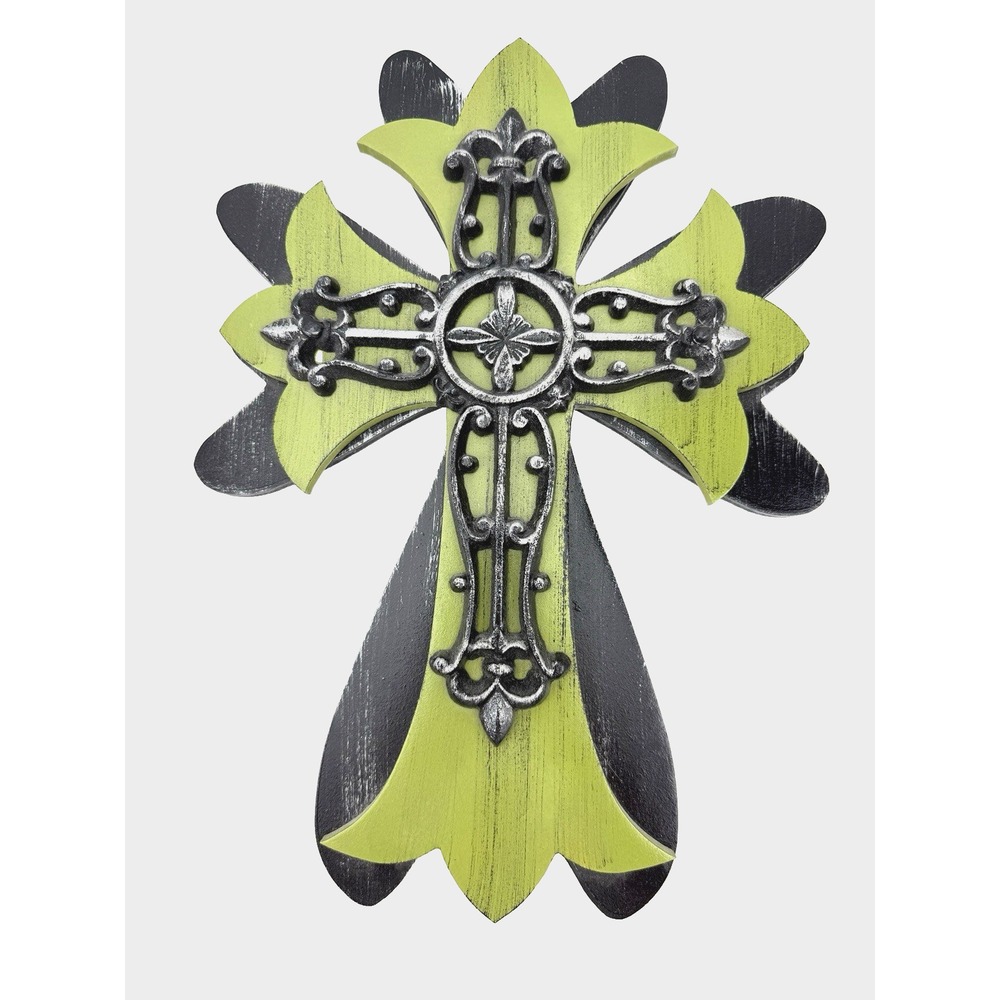 Rustic Wooden Cross with Metal Fleur De Lis Cross Overlay 16" Wall Decor - Picture 4 of 10